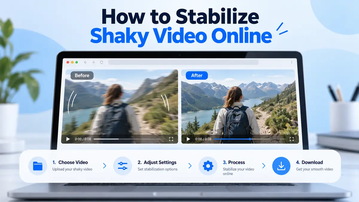 Illustration of a shaky hiking video beside a steadier version, with four steps: choose video, adjust settings, process and download.